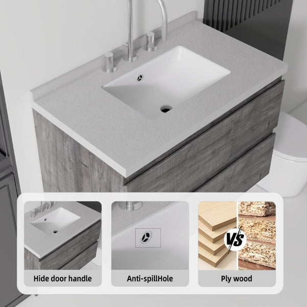English Elm 30 Inch Floating Bathroom Vanity Plywood Cabinet Cultured Marble Undermount Sink Grey Granite White B2775S00273