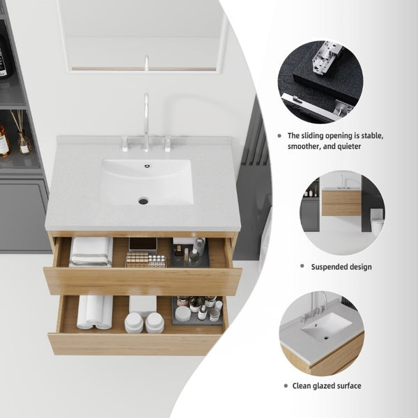 English Elm 30 Inch Floating Bathroom Vanity Plywood Cabinet Cultured Marble Undermount Sink Oak Granite White B2775S00274