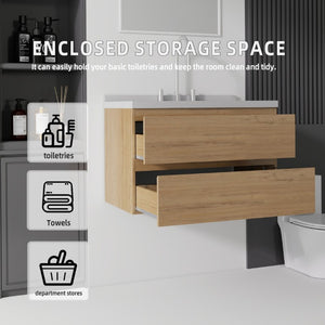 English Elm 30 Inch Floating Bathroom Vanity Plywood Cabinet Cultured Marble Undermount Sink Oak Granite White B2775S00274