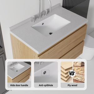 English Elm 30 Inch Floating Bathroom Vanity Plywood Cabinet Cultured Marble Undermount Sink Oak Granite White B2775S00274
