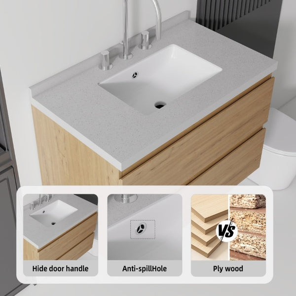 English Elm 30 Inch Floating Bathroom Vanity Plywood Cabinet Cultured Marble Undermount Sink Oak Granite White B2775S00274