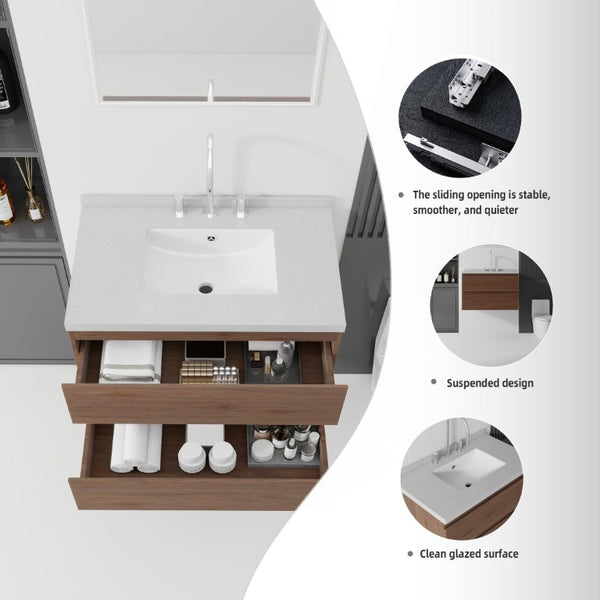 English Elm 30 Inch Floating Bathroom Vanity Plywood Cabinet Cultured Marble Undermount Sink Brown Granite White B2775S00275