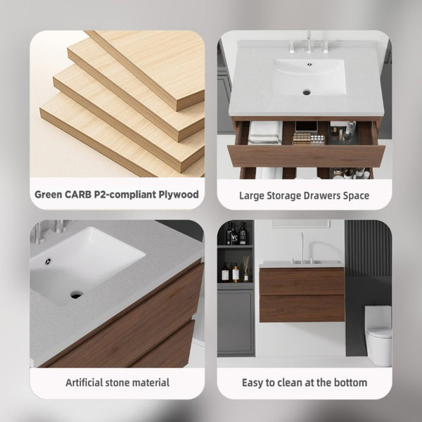 English Elm 30 Inch Floating Bathroom Vanity Plywood Cabinet Cultured Marble Undermount Sink Brown Granite White B2775S00275