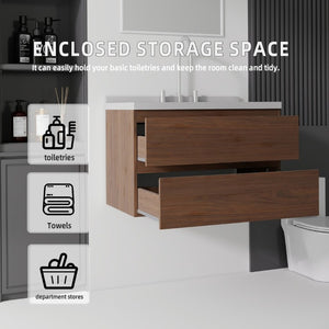 English Elm 30 Inch Floating Bathroom Vanity Plywood Cabinet Cultured Marble Undermount Sink Brown Granite White B2775S00275