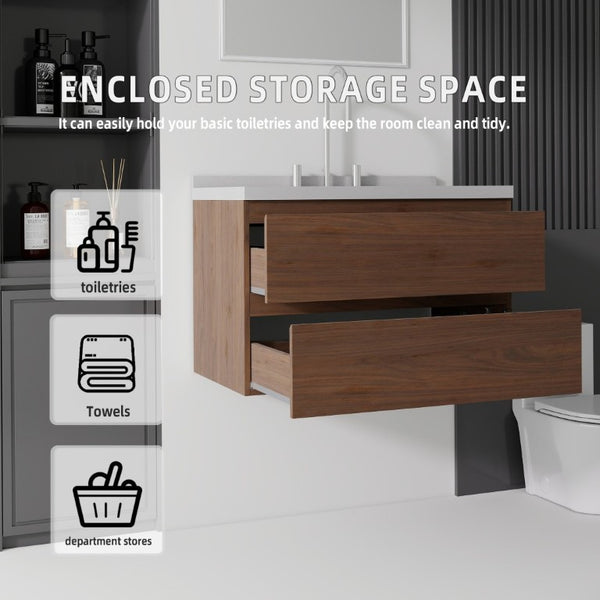 English Elm 30 Inch Floating Bathroom Vanity Plywood Cabinet Cultured Marble Undermount Sink Brown Granite White B2775S00275