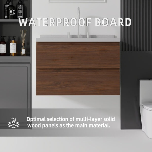English Elm 30 Inch Floating Bathroom Vanity Plywood Cabinet Cultured Marble Undermount Sink Brown Granite White B2775S00275