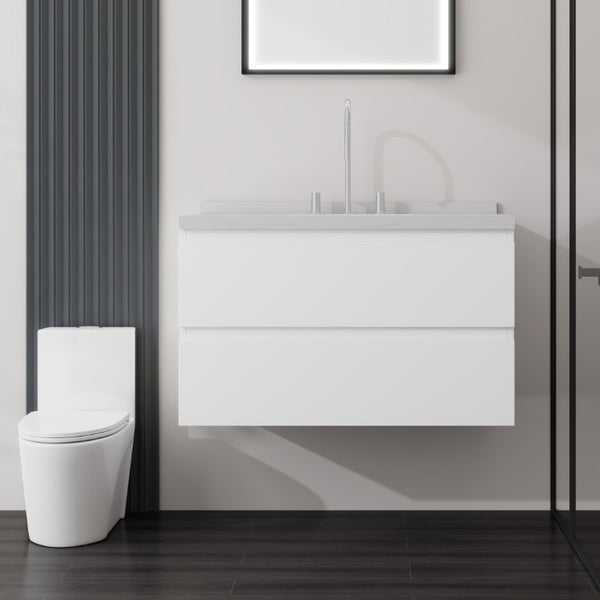 English Elm 36 Inch Floating Bathroom Vanity with Cultured Marble Top Soft Close Drawer Spa Style White Carrara White B2775S00286