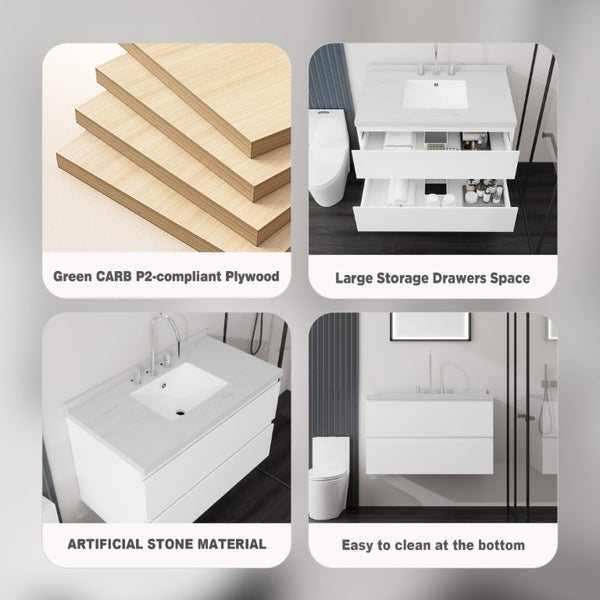 English Elm 36 Inch Floating Bathroom Vanity with Cultured Marble Top Soft Close Drawer Spa Style White Carrara White B2775S00286