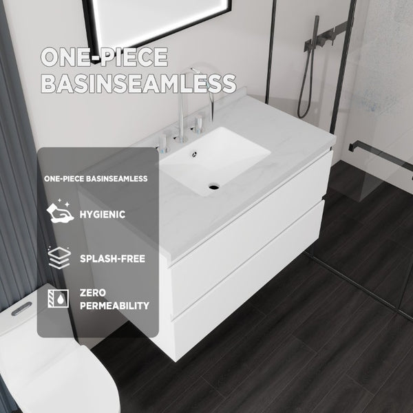 English Elm 36 Inch Floating Bathroom Vanity with Cultured Marble Top Soft Close Drawer Spa Style White Carrara White B2775S00286