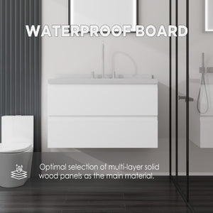 English Elm 36 Inch Floating Bathroom Vanity with Cultured Marble Top Soft Close Drawer Spa Style White Carrara White B2775S00286
