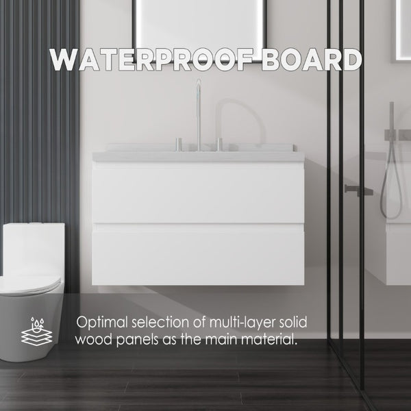 English Elm 36 Inch Floating Bathroom Vanity with Cultured Marble Top Soft Close Drawer Spa Style White Carrara White B2775S00286