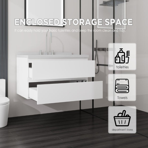 English Elm 36 Inch Floating Bathroom Vanity with Cultured Marble Top Soft Close Drawer Spa Style White Carrara White B2775S00286
