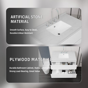 English Elm 36 Inch Floating Bathroom Vanity with Cultured Marble Top Soft Close Drawer Spa Style White Carrara White B2775S00286