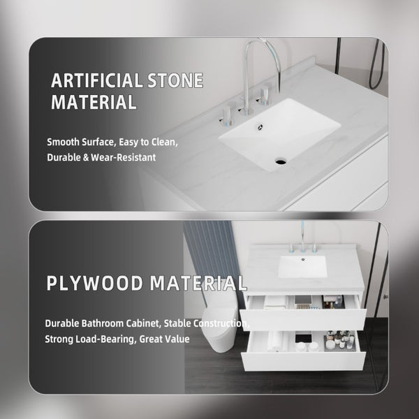 English Elm 36 Inch Floating Bathroom Vanity with Cultured Marble Top Soft Close Drawer Spa Style White Carrara White B2775S00286