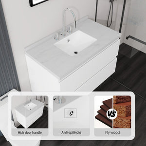 English Elm 36 Inch Floating Bathroom Vanity with Cultured Marble Top Soft Close Drawer Spa Style White Carrara White B2775S00286