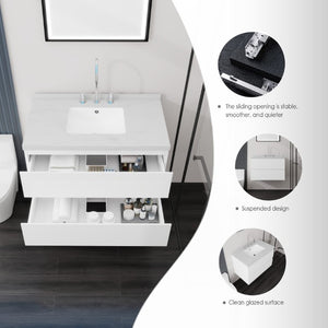English Elm 36 Inch Floating Bathroom Vanity with Cultured Marble Top Soft Close Drawer Spa Style White Carrara White B2775S00286