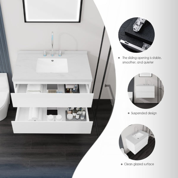English Elm 36 Inch Floating Bathroom Vanity with Cultured Marble Top Soft Close Drawer Spa Style White Carrara White B2775S00286