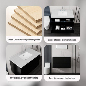 English Elm 36 Inch Floating Bathroom Vanity with Cultured Marble Top Soft Close Drawer Spa Style Black Carrara White B2775S00287