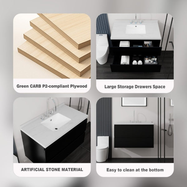 English Elm 36 Inch Floating Bathroom Vanity with Cultured Marble Top Soft Close Drawer Spa Style Black Carrara White B2775S00287