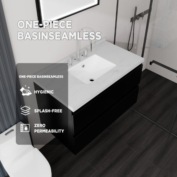 English Elm 36 Inch Floating Bathroom Vanity with Cultured Marble Top Soft Close Drawer Spa Style Black Carrara White B2775S00287