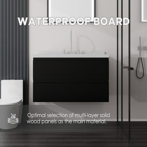 English Elm 36 Inch Floating Bathroom Vanity with Cultured Marble Top Soft Close Drawer Spa Style Black Carrara White B2775S00287