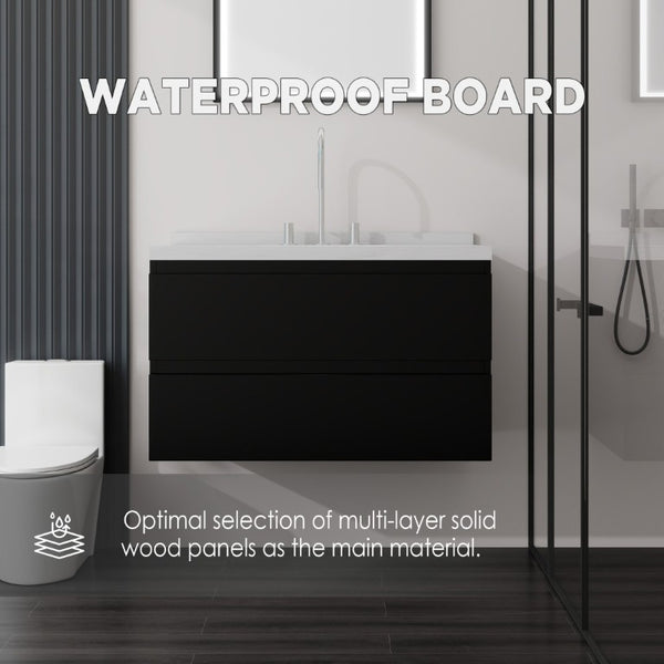 English Elm 36 Inch Floating Bathroom Vanity with Cultured Marble Top Soft Close Drawer Spa Style Black Carrara White B2775S00287