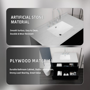 English Elm 36 Inch Floating Bathroom Vanity with Cultured Marble Top Soft Close Drawer Spa Style Black Carrara White B2775S00287