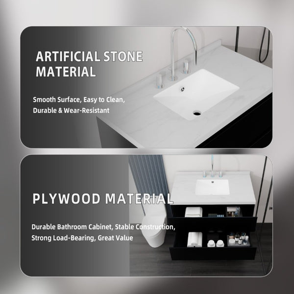 English Elm 36 Inch Floating Bathroom Vanity with Cultured Marble Top Soft Close Drawer Spa Style Black Carrara White B2775S00287