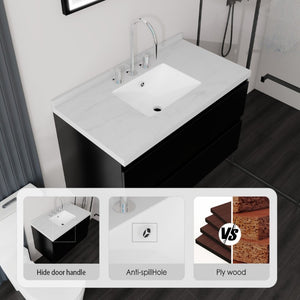 English Elm 36 Inch Floating Bathroom Vanity with Cultured Marble Top Soft Close Drawer Spa Style Black Carrara White B2775S00287