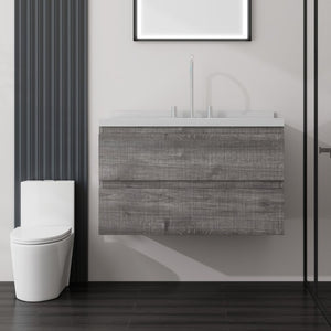 English Elm 36 Inch Floating Bathroom Vanity with Cultured Marble Top Soft Close Drawer Spa Style Grey Carrara White B2775S00288