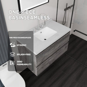 English Elm 36 Inch Floating Bathroom Vanity with Cultured Marble Top Soft Close Drawer Spa Style Grey Carrara White B2775S00288