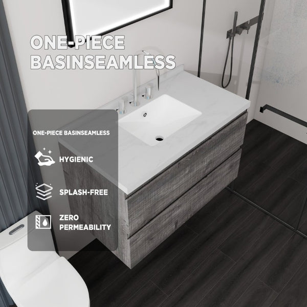 English Elm 36 Inch Floating Bathroom Vanity with Cultured Marble Top Soft Close Drawer Spa Style Grey Carrara White B2775S00288