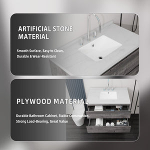 English Elm 36 Inch Floating Bathroom Vanity with Cultured Marble Top Soft Close Drawer Spa Style Grey Carrara White B2775S00288