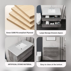 English Elm 36 Inch Floating Bathroom Vanity with Cultured Marble Top Soft Close Drawer Spa Style Grey Carrara White B2775S00288