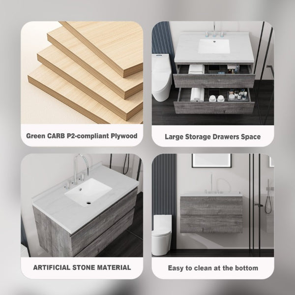 English Elm 36 Inch Floating Bathroom Vanity with Cultured Marble Top Soft Close Drawer Spa Style Grey Carrara White B2775S00288