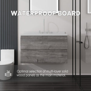 English Elm 36 Inch Floating Bathroom Vanity with Cultured Marble Top Soft Close Drawer Spa Style Grey Carrara White B2775S00288