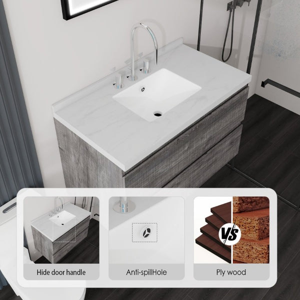 English Elm 36 Inch Floating Bathroom Vanity with Cultured Marble Top Soft Close Drawer Spa Style Grey Carrara White B2775S00288