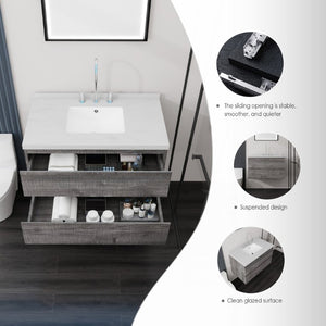 English Elm 36 Inch Floating Bathroom Vanity with Cultured Marble Top Soft Close Drawer Spa Style Grey Carrara White B2775S00288