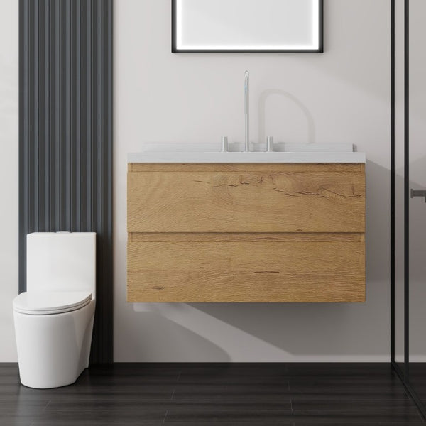 English Elm 36 Inch Floating Bathroom Vanity with Cultured Marble Top Soft Close Drawer Spa Style Oak Carrara White B2775S00289