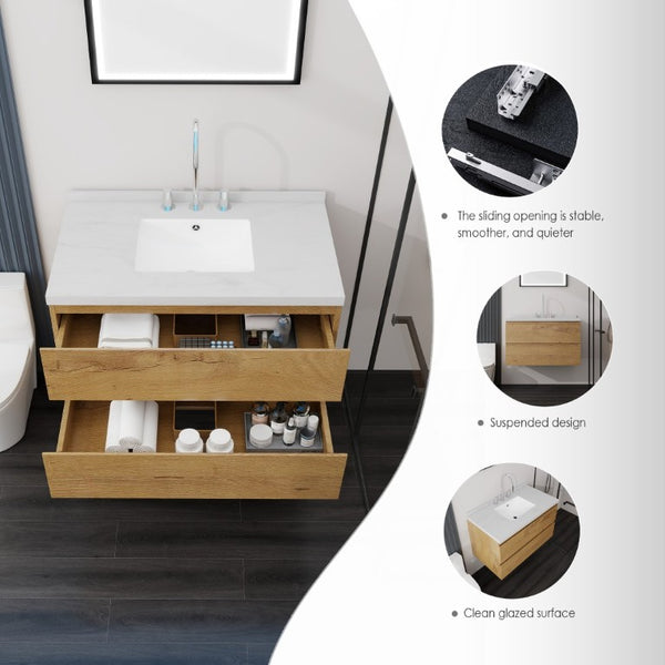 English Elm 36 Inch Floating Bathroom Vanity with Cultured Marble Top Soft Close Drawer Spa Style Oak Carrara White B2775S00289