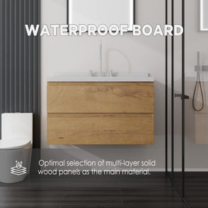 English Elm 36 Inch Floating Bathroom Vanity with Cultured Marble Top Soft Close Drawer Spa Style Oak Carrara White B2775S00289