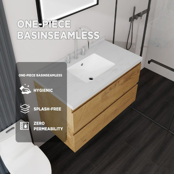 English Elm 36 Inch Floating Bathroom Vanity with Cultured Marble Top Soft Close Drawer Spa Style Oak Carrara White B2775S00289
