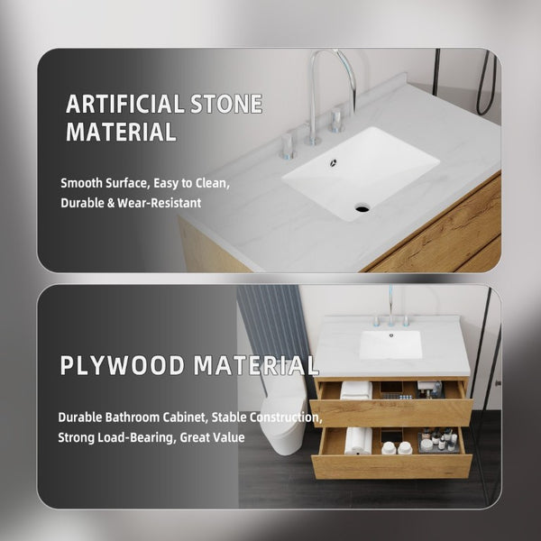 English Elm 36 Inch Floating Bathroom Vanity with Cultured Marble Top Soft Close Drawer Spa Style Oak Carrara White B2775S00289