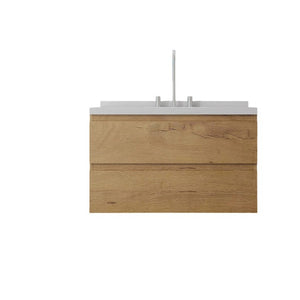 English Elm 36 Inch Floating Bathroom Vanity with Cultured Marble Top Soft Close Drawer Spa Style Oak Carrara White B2775S00289