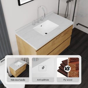 English Elm 36 Inch Floating Bathroom Vanity with Cultured Marble Top Soft Close Drawer Spa Style Oak Carrara White B2775S00289