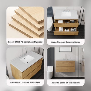 English Elm 36 Inch Floating Bathroom Vanity with Cultured Marble Top Soft Close Drawer Spa Style Oak Carrara White B2775S00289