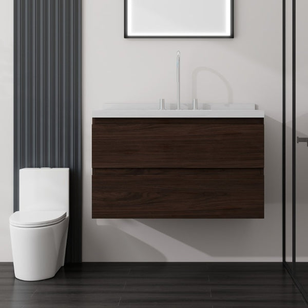 English Elm 36 Inch Floating Bathroom Vanity with Cultured Marble Top Soft Close Drawer Spa Style Brown Carrara White B2775S00290