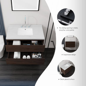 English Elm 36 Inch Floating Bathroom Vanity with Cultured Marble Top Soft Close Drawer Spa Style Brown Carrara White B2775S00290
