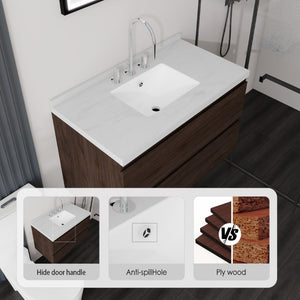 English Elm 36 Inch Floating Bathroom Vanity with Cultured Marble Top Soft Close Drawer Spa Style Brown Carrara White B2775S00290