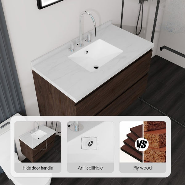 English Elm 36 Inch Floating Bathroom Vanity with Cultured Marble Top Soft Close Drawer Spa Style Brown Carrara White B2775S00290